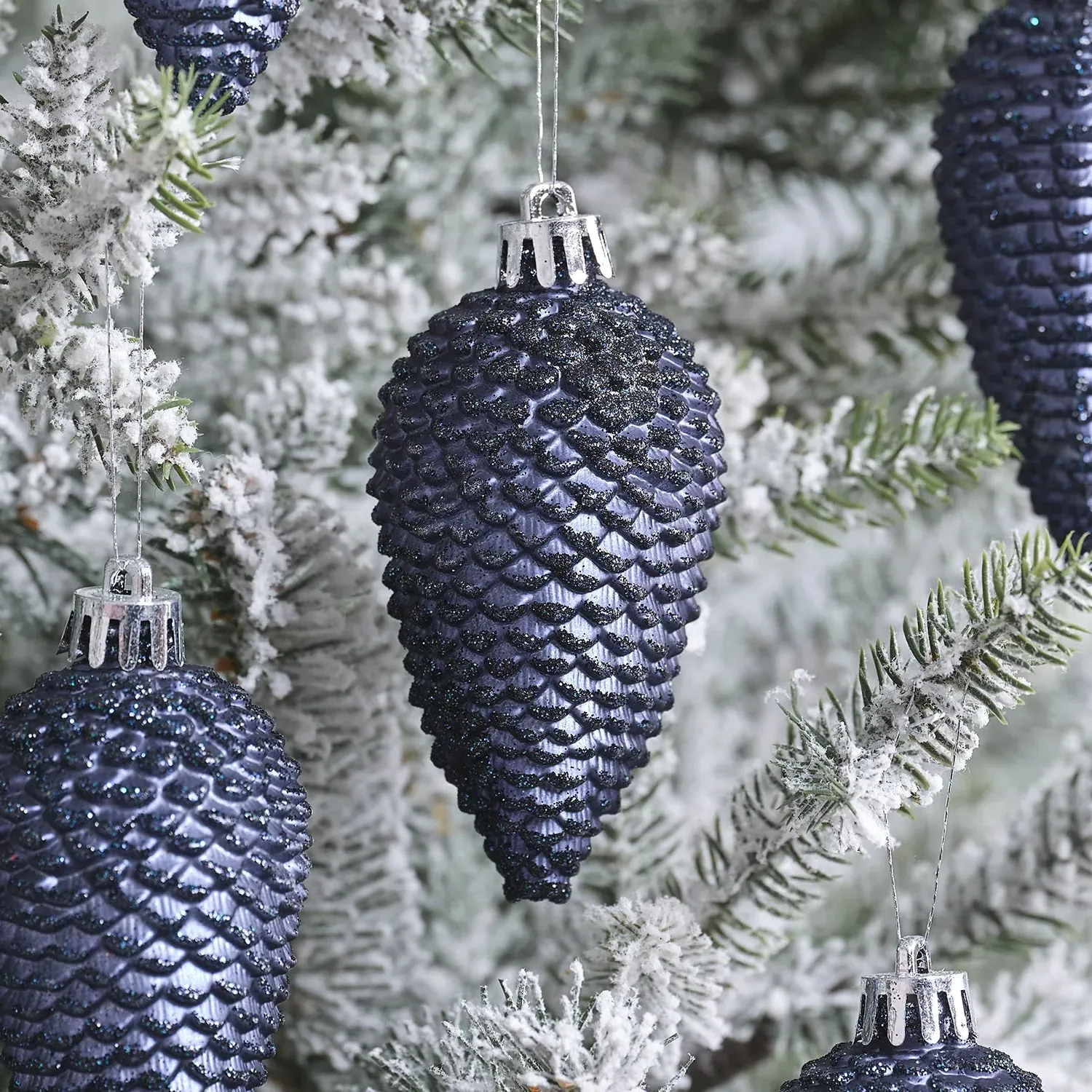 Set of 6 Pinecone Decorations - Dark Blue, Plastic image