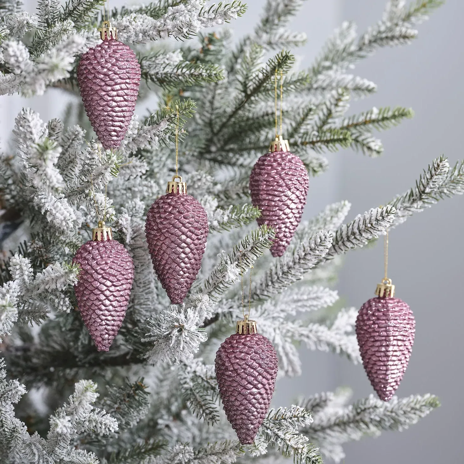 Set of 6 Pinecone Decorations - Dark Pink, Plastic