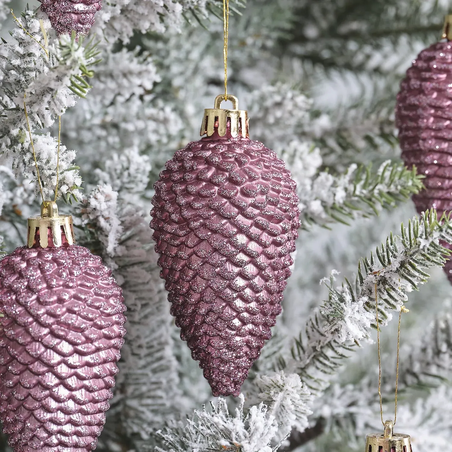 Set of 6 Pinecone Decorations - Dark Pink, Plastic