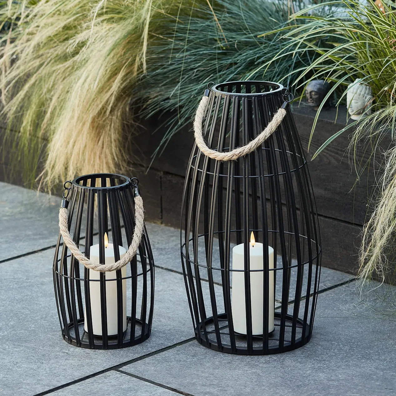 Slatted Garden Lantern Duo with LED Candles