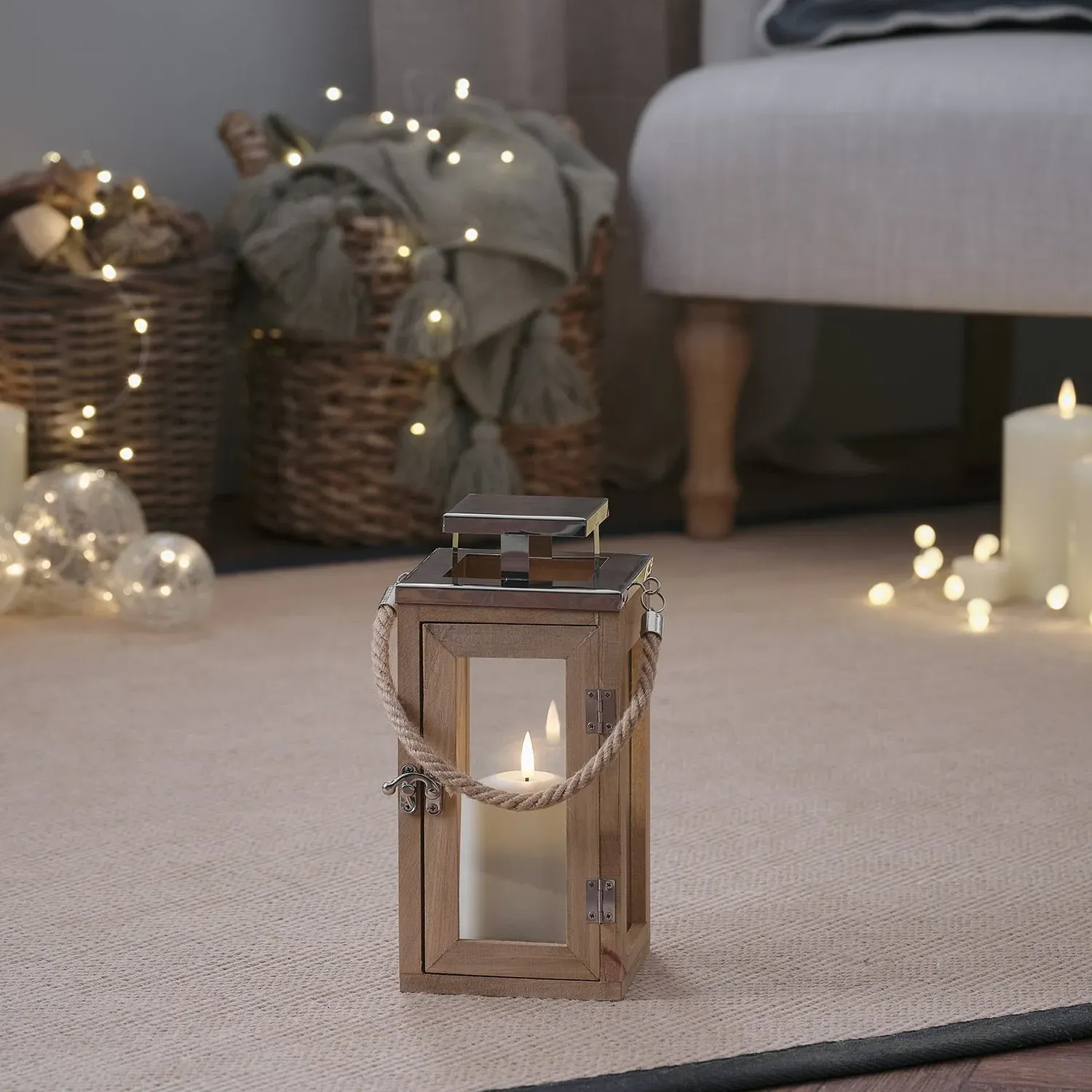 Small Lantern with LED Candle - Warm White, Wood