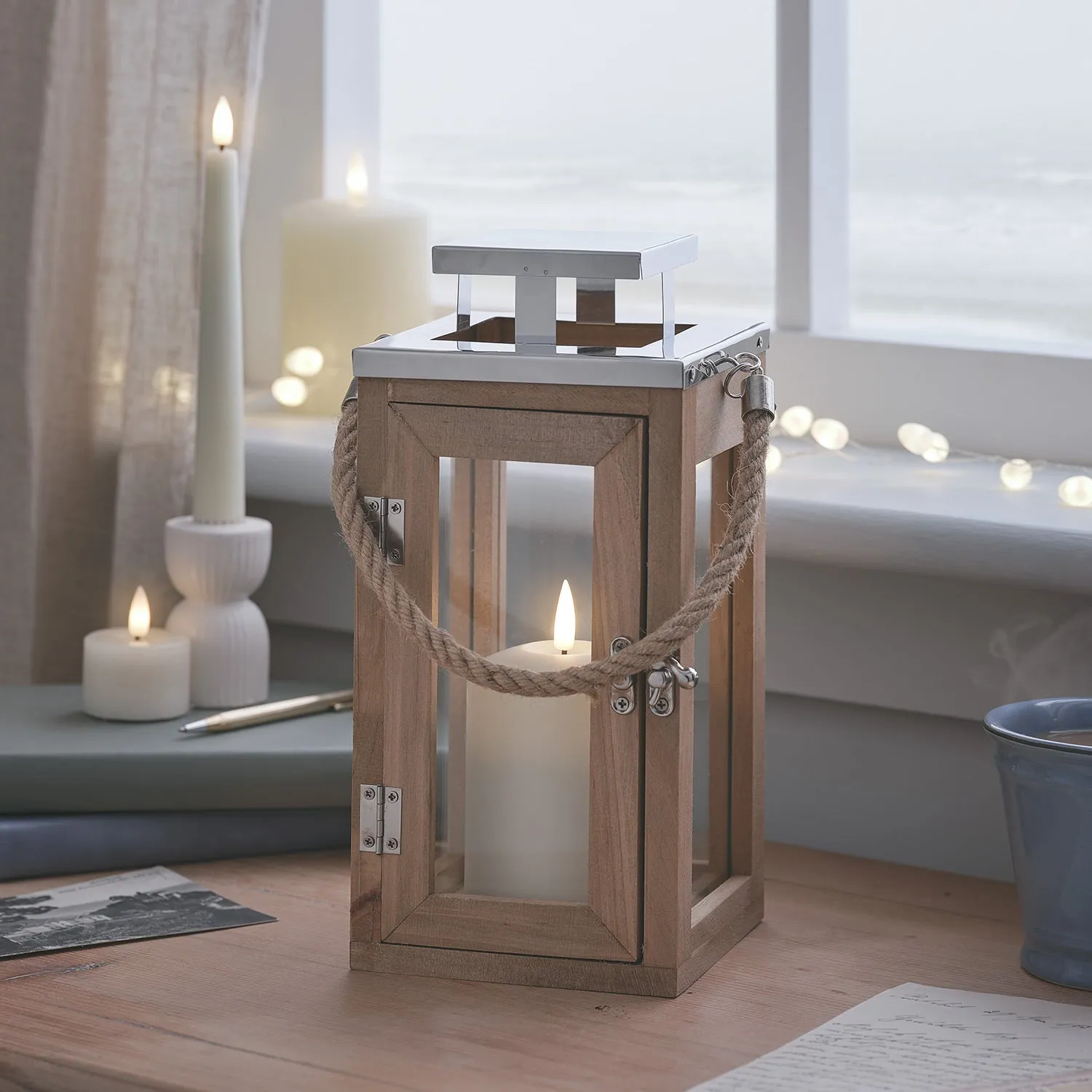 Small Lantern with LED Candle - Warm White, Wood image