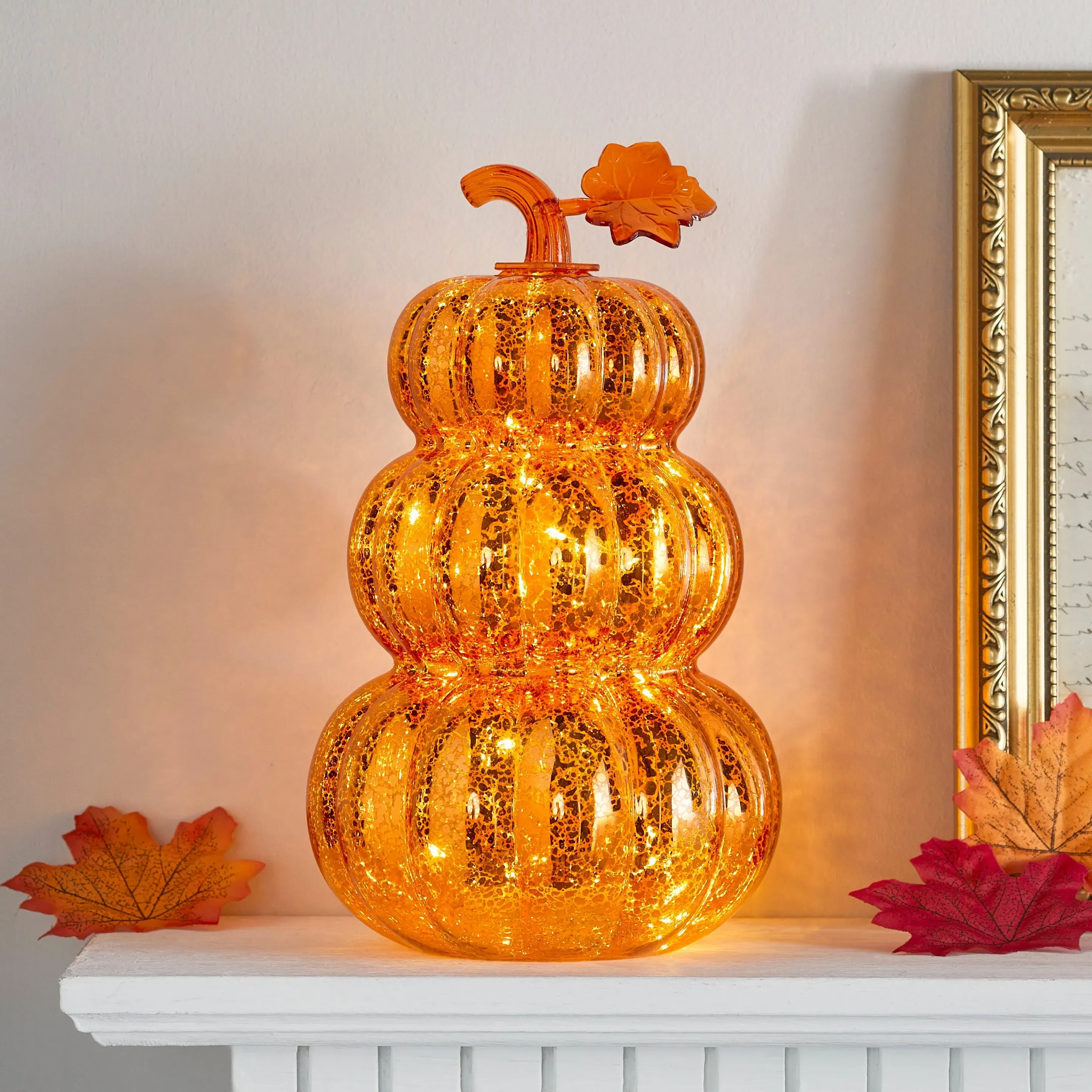 Stacked Light Up Pumpkin Decoration - Orange, Glass