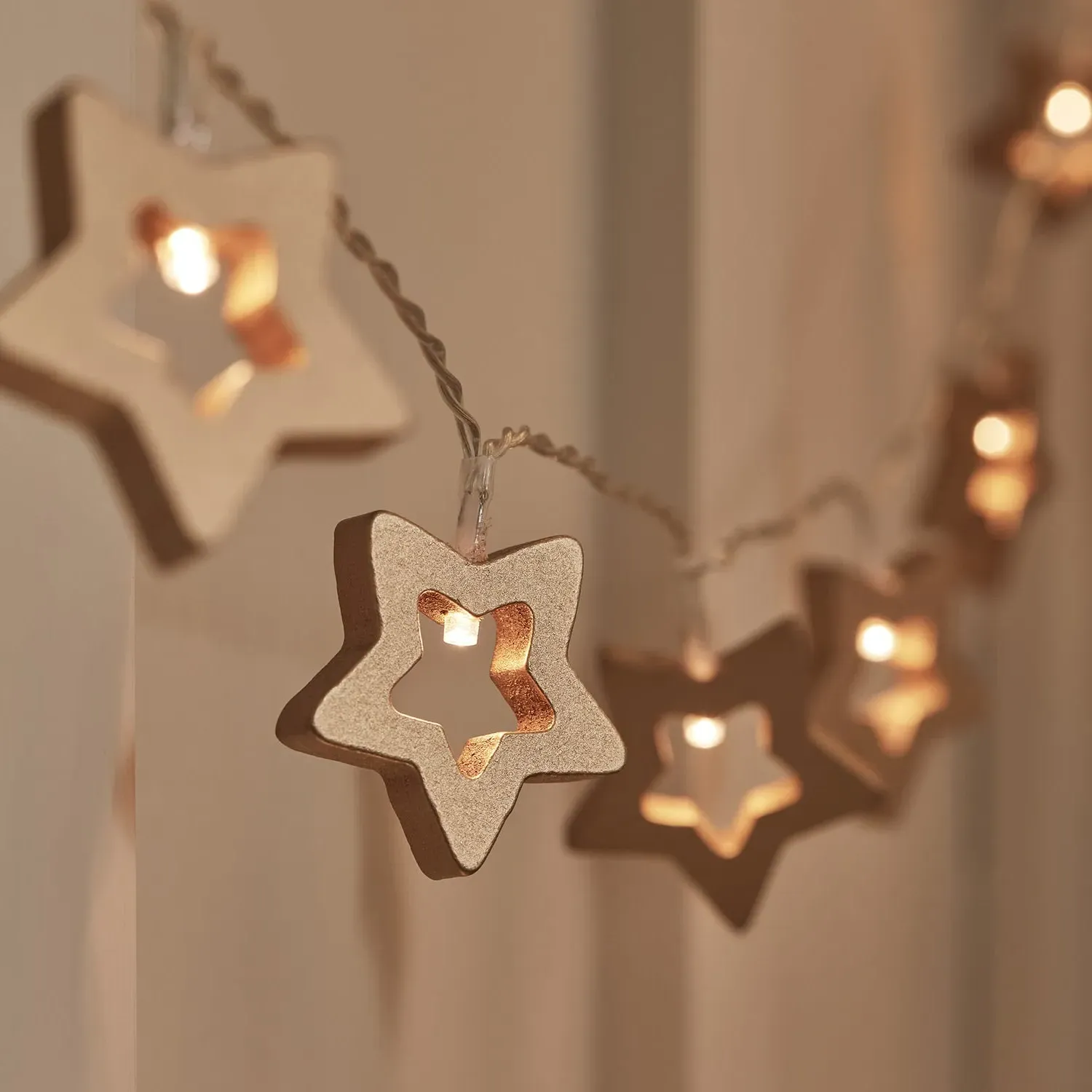Star String Lights with Timer - Warm White, Wood image
