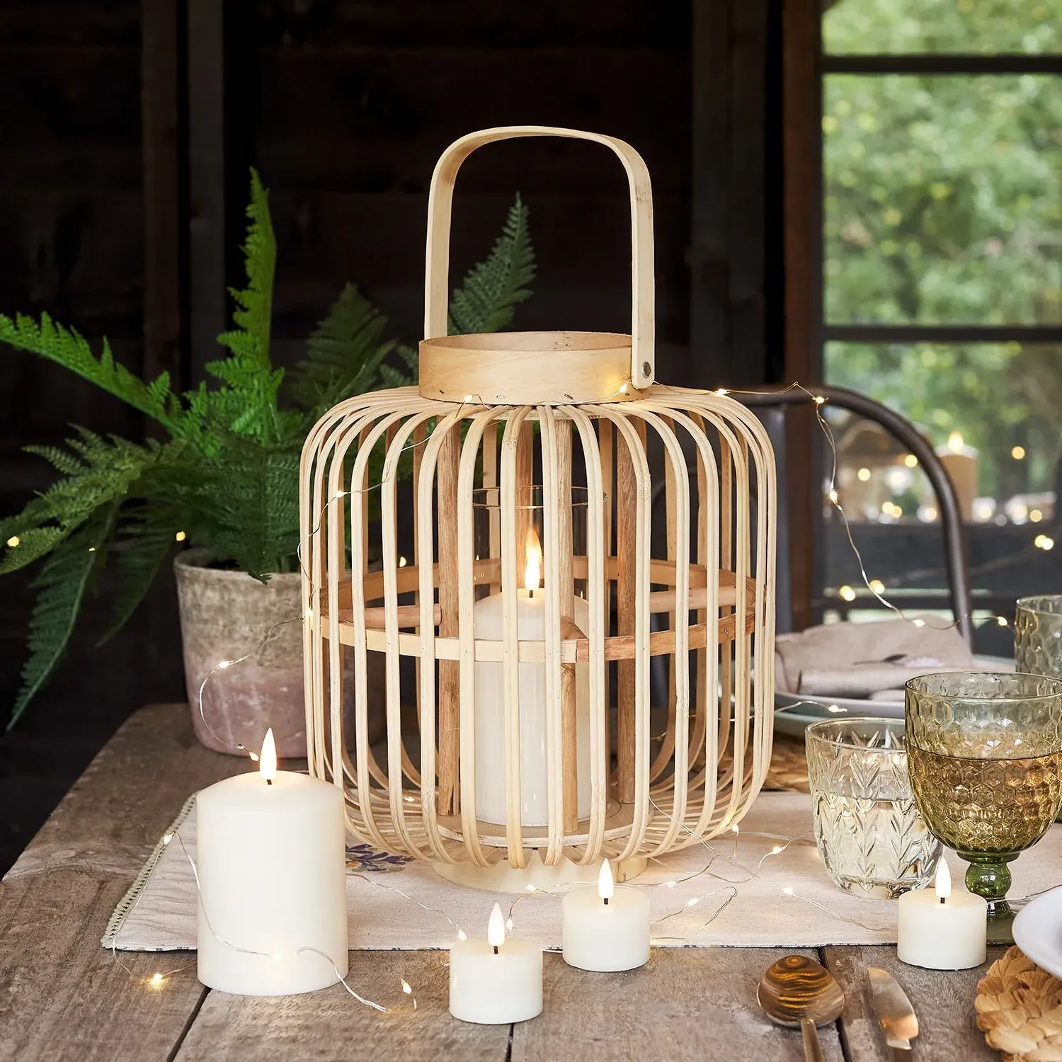 Tall Garden Lantern with LED Candle - Warm White, Bamboo