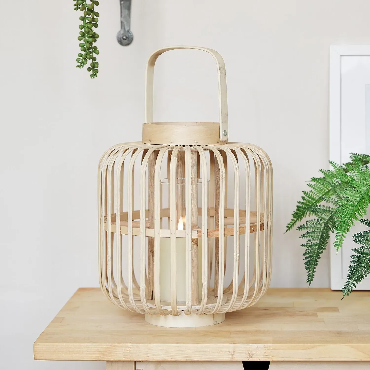 Tall Garden Lantern with LED Candle - Warm White, Bamboo image