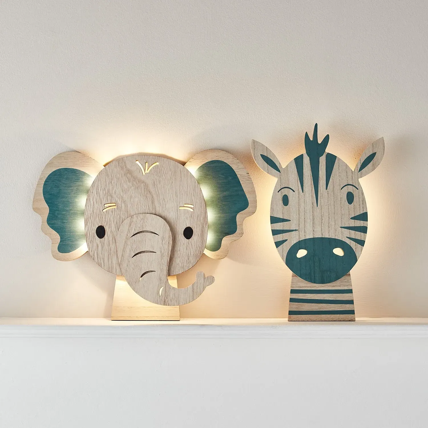 Zebra & Elephant Wall Light Duo - Warm White, Wood
