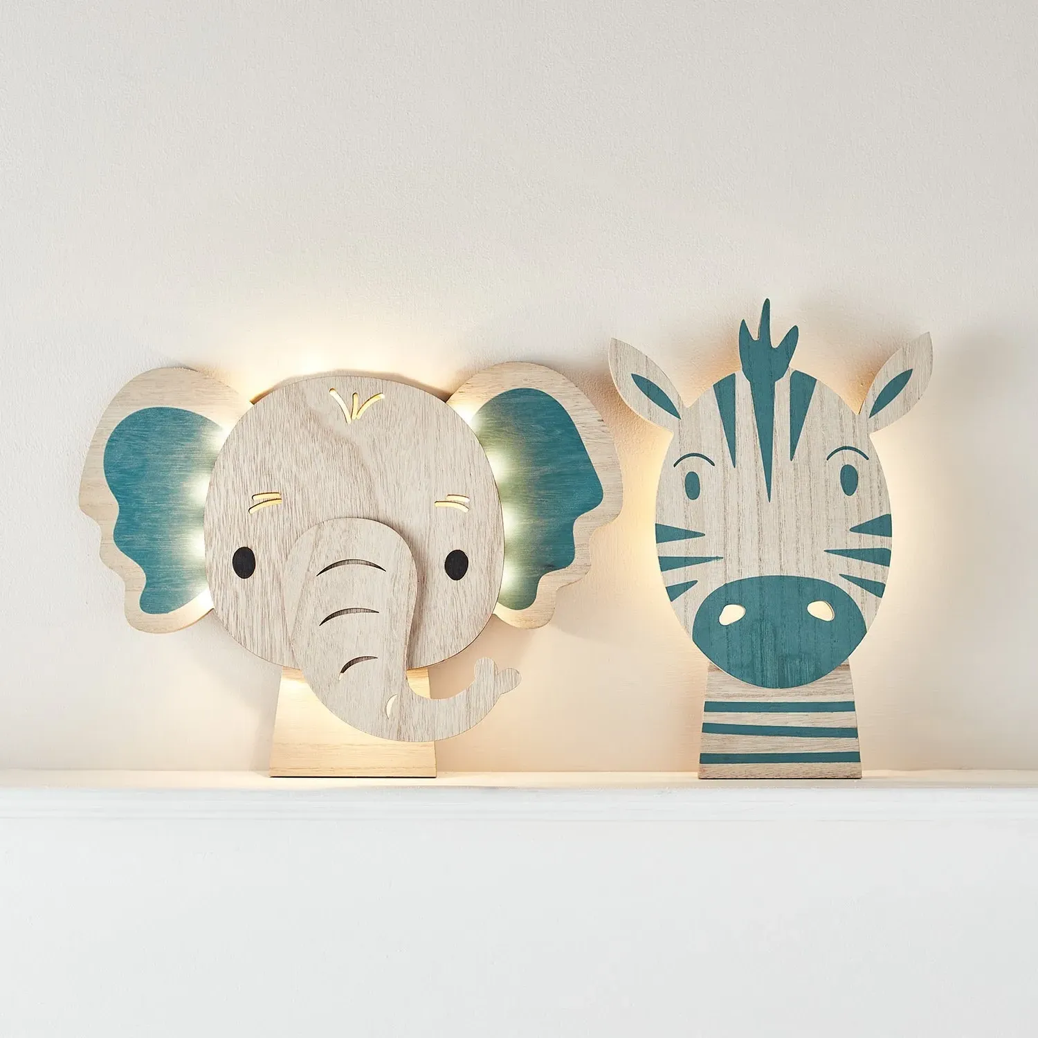 Zebra & Elephant Wall Light Duo - Warm White, Wood