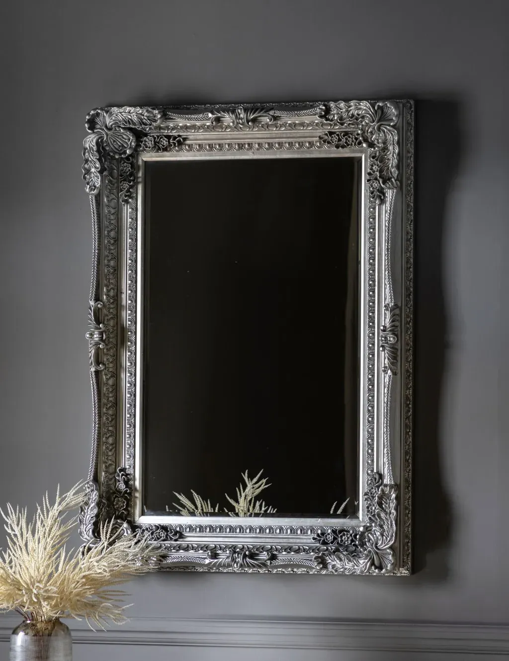 Extra Large Rectangular Mirror - Silver, Carved