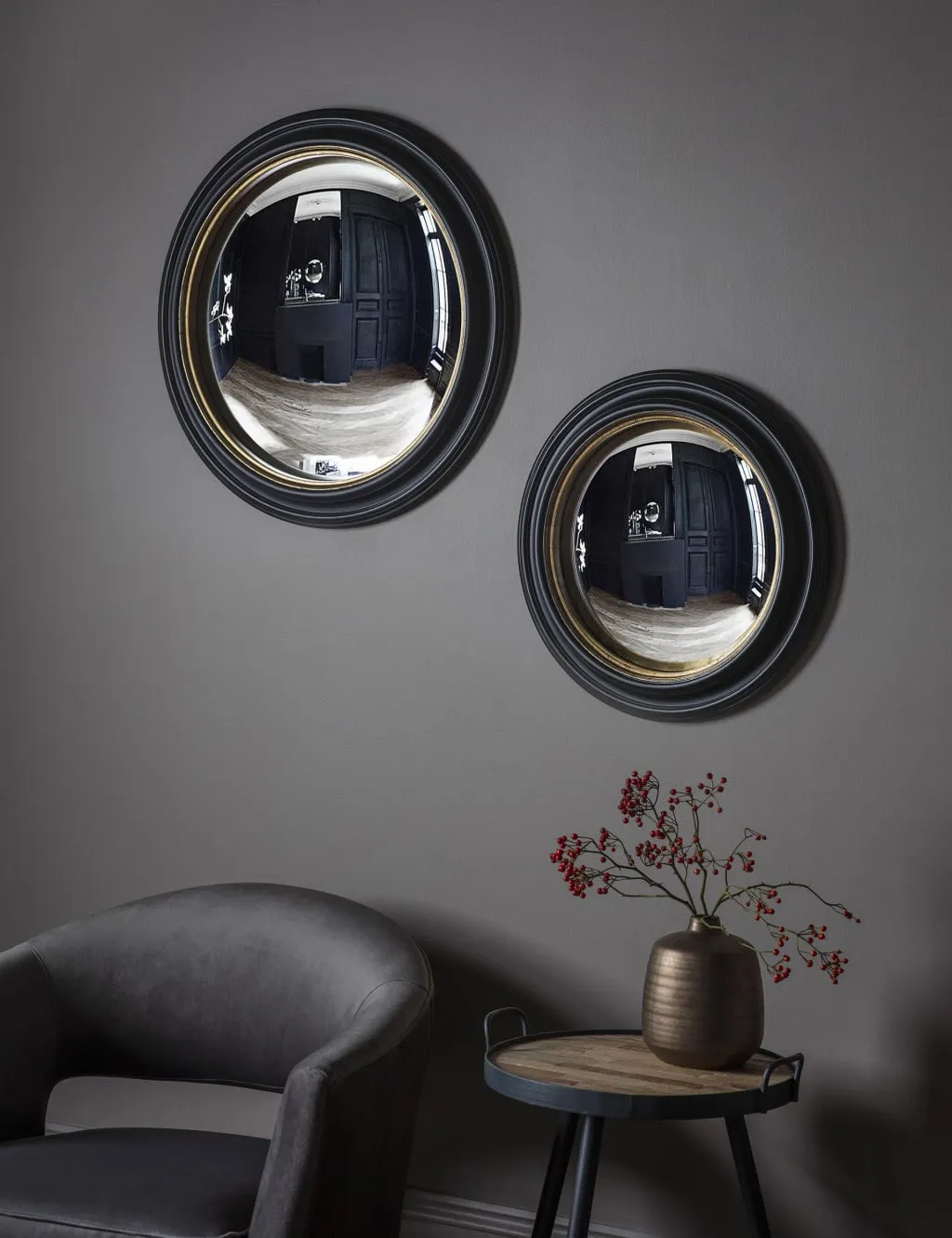 Round Convex Wall Mirror - Black, Wood image