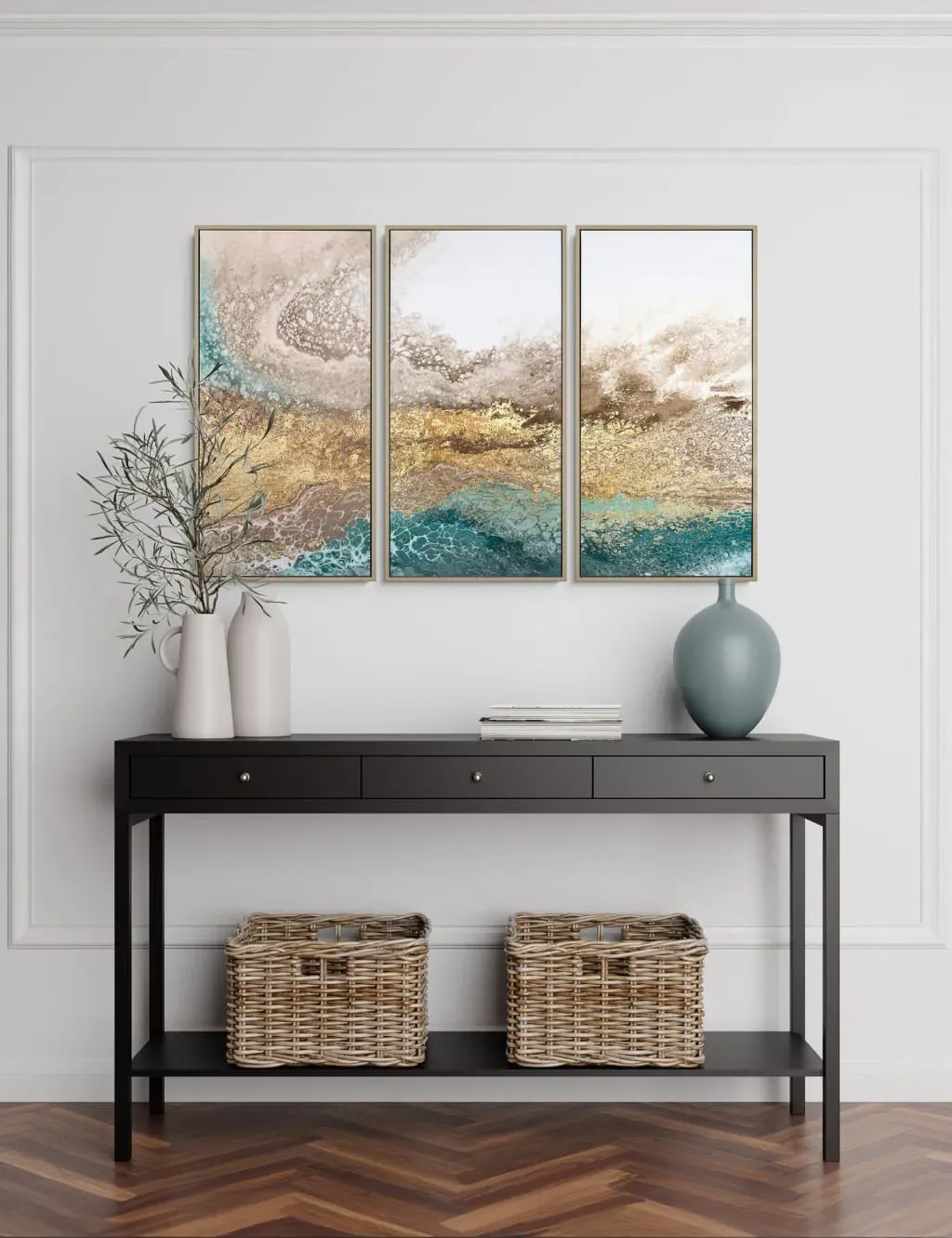 Set of 3 Triptych Abstract Framed Art - Blue