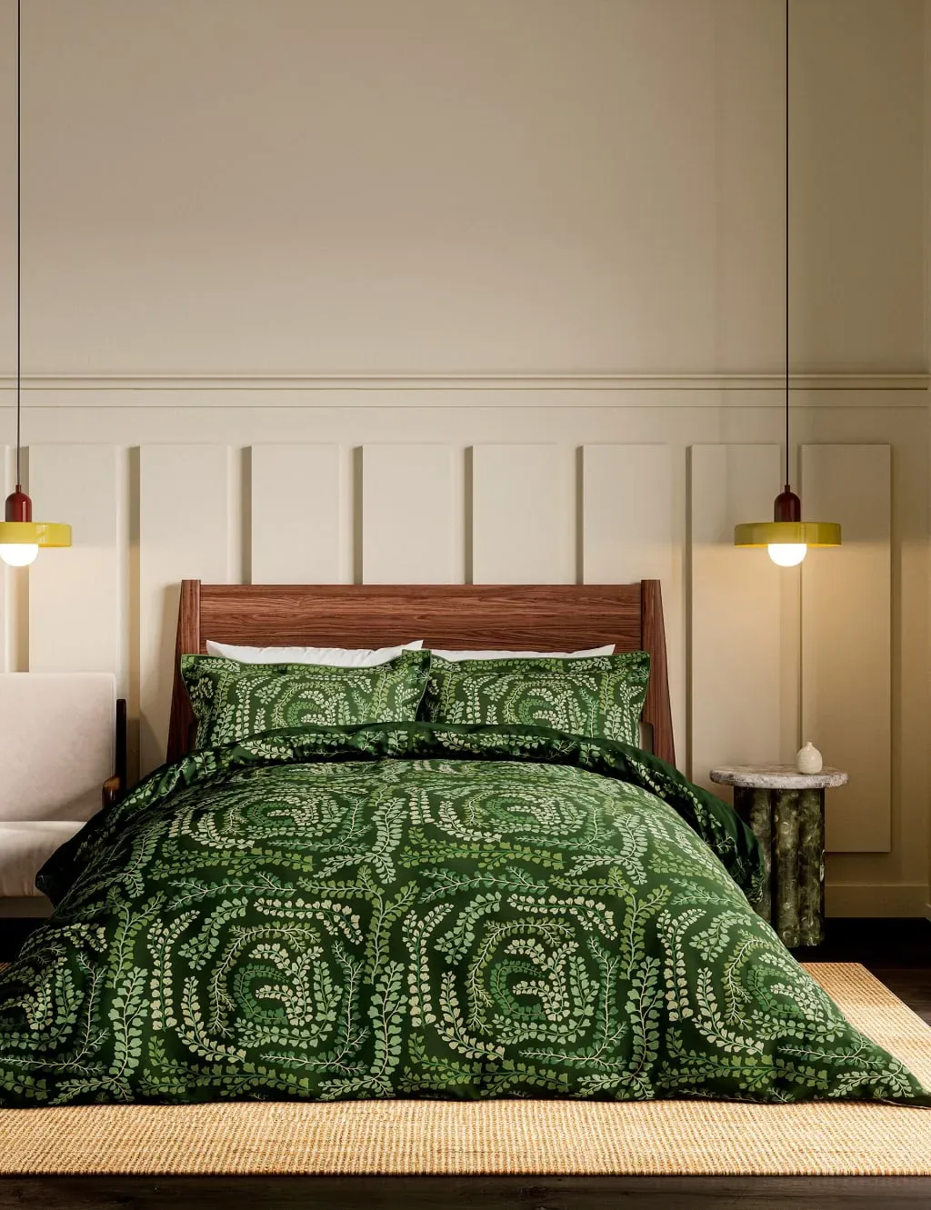 King Size Bedding Set with Leaf Print - Green, Cotton