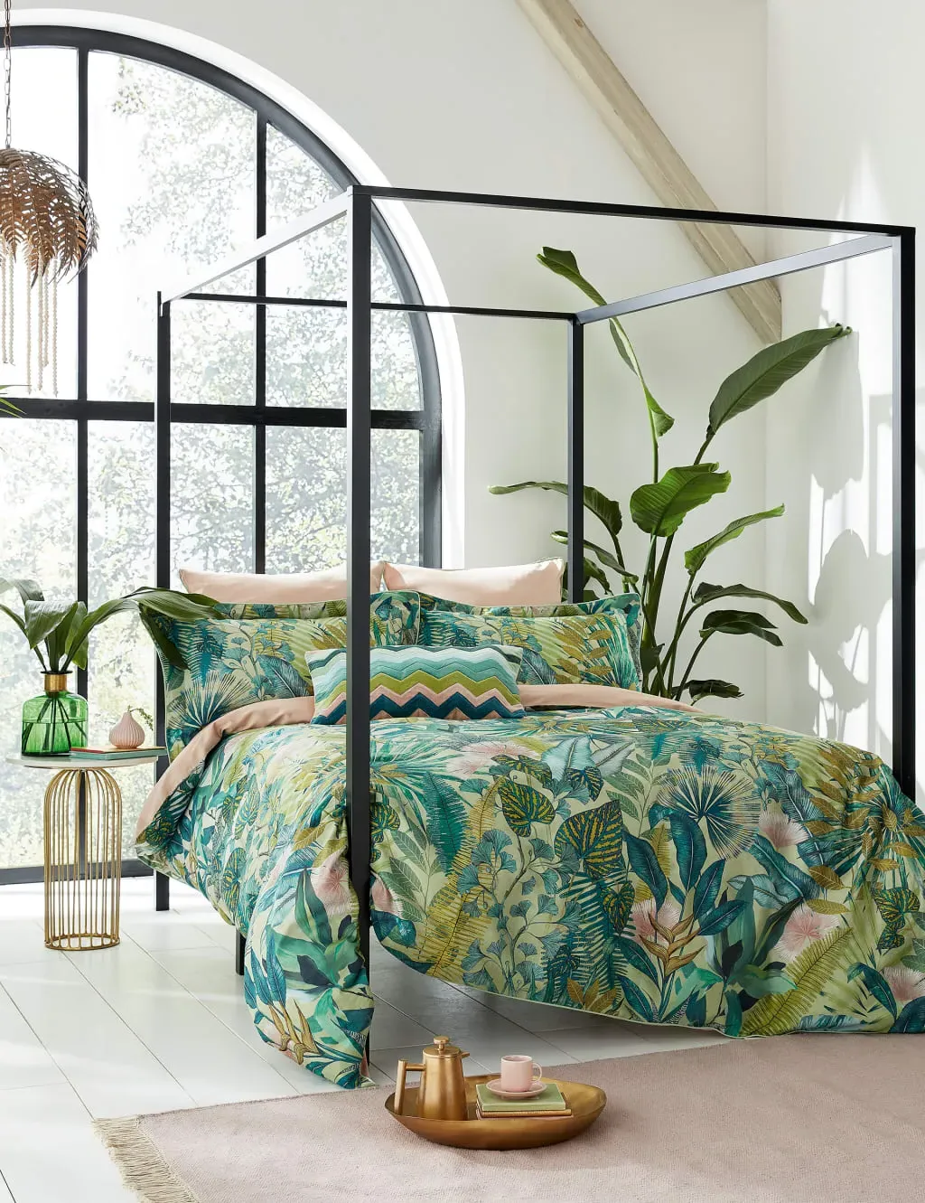 Single Bedding Set Tropical Print - Green, Cotton image