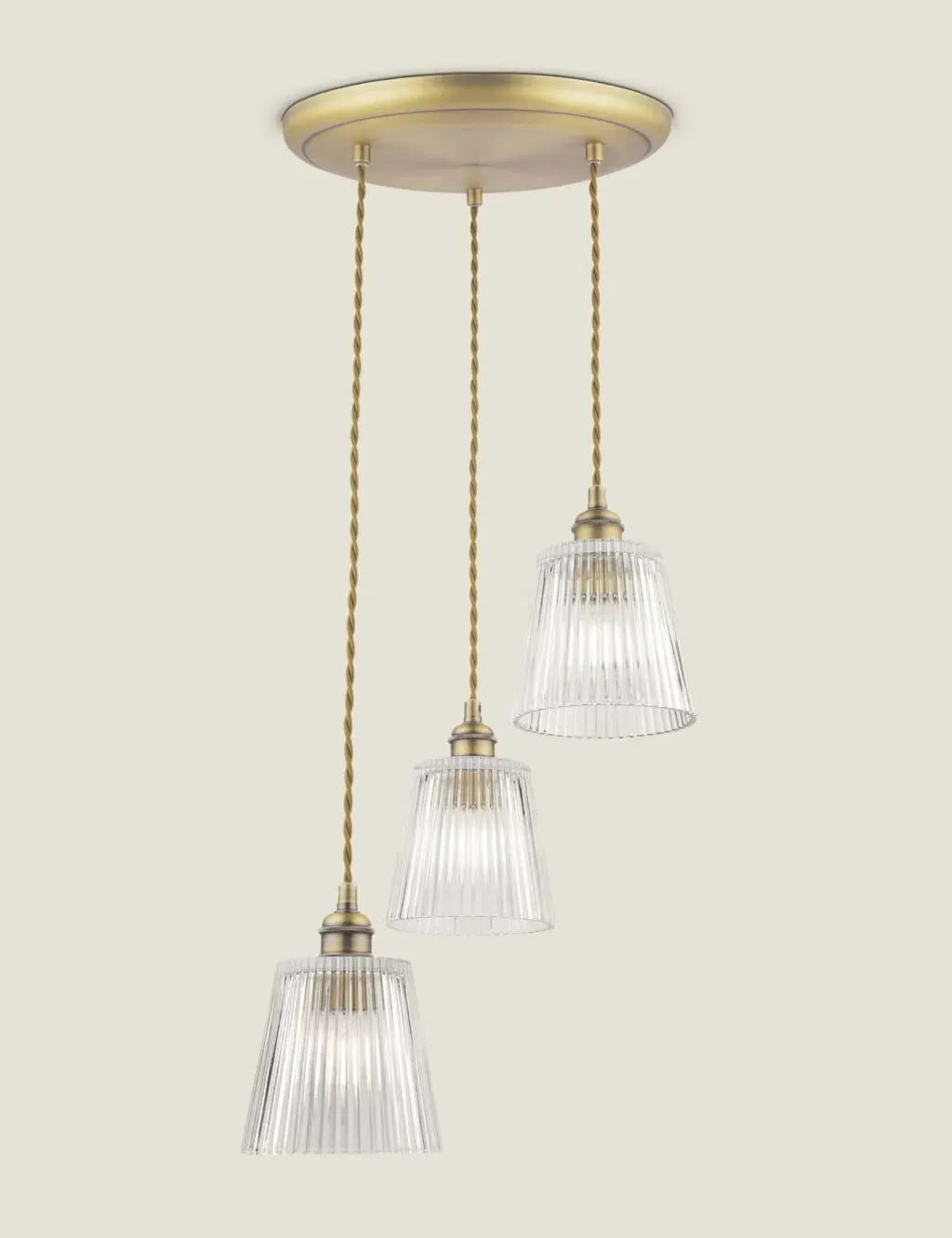 3 Light Pendant with Ribbed Glass - Antique Brass image