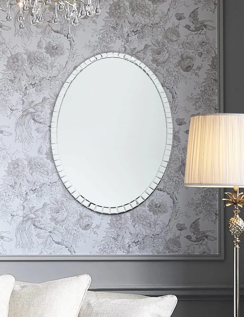 Oval Wall Mirror with Beveled Border - Silver image