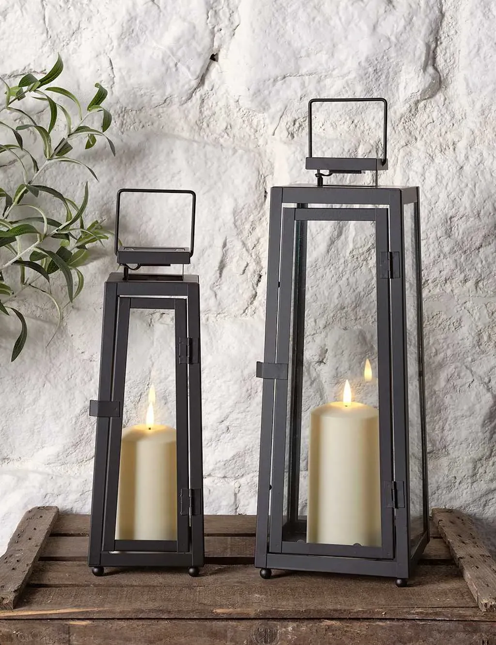 Set of 2 Solar Lanterns with LED Candles - Black