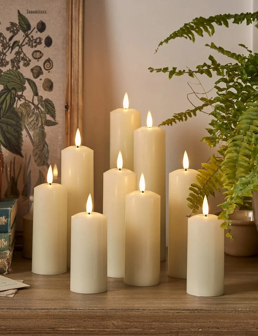 Set of 9 Slim Pillar LED Candles - Ivory, Wax