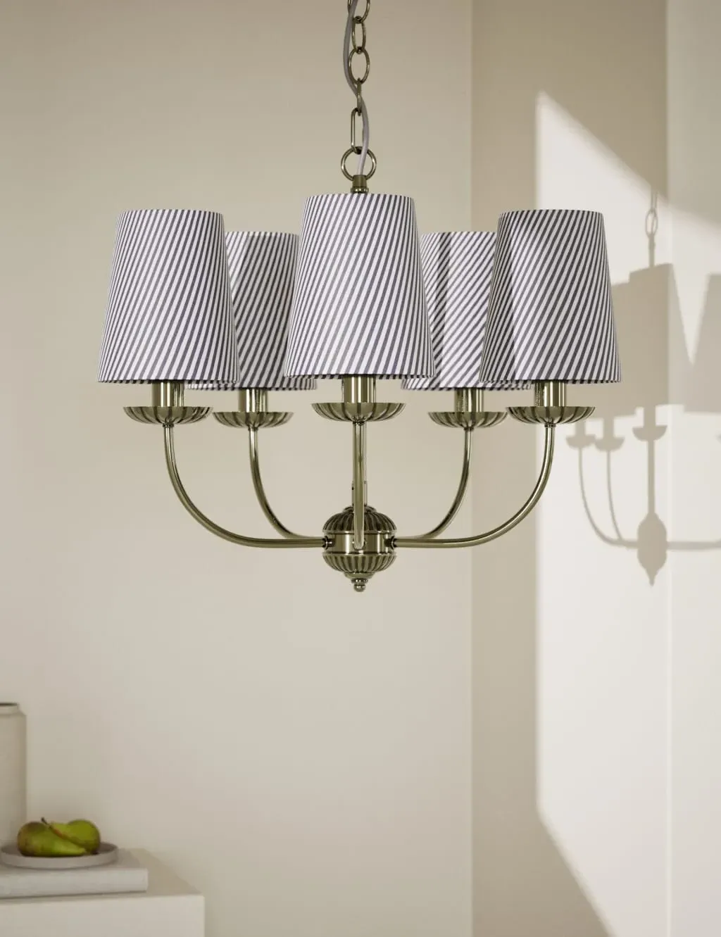 5-Light Chandelier Striped Shades - Antique Brass