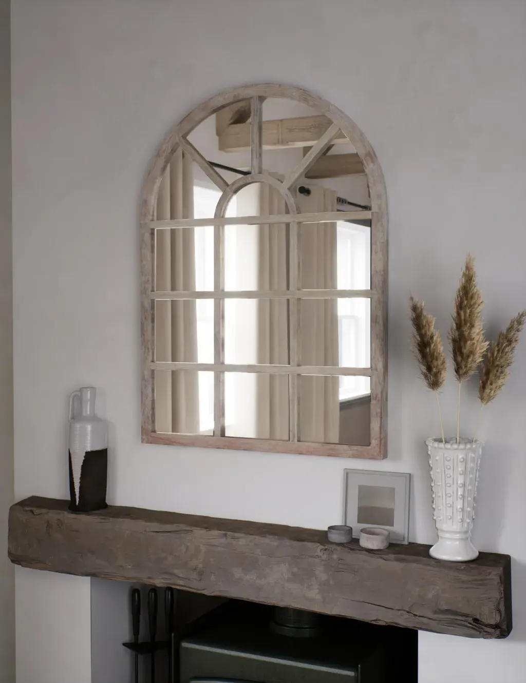 Arched Wall Mirror with Wooden Frame - Soft White image