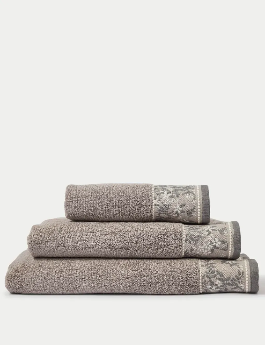 Bath Towel with Woven Floral Border - Light Grey Mix, Cotton