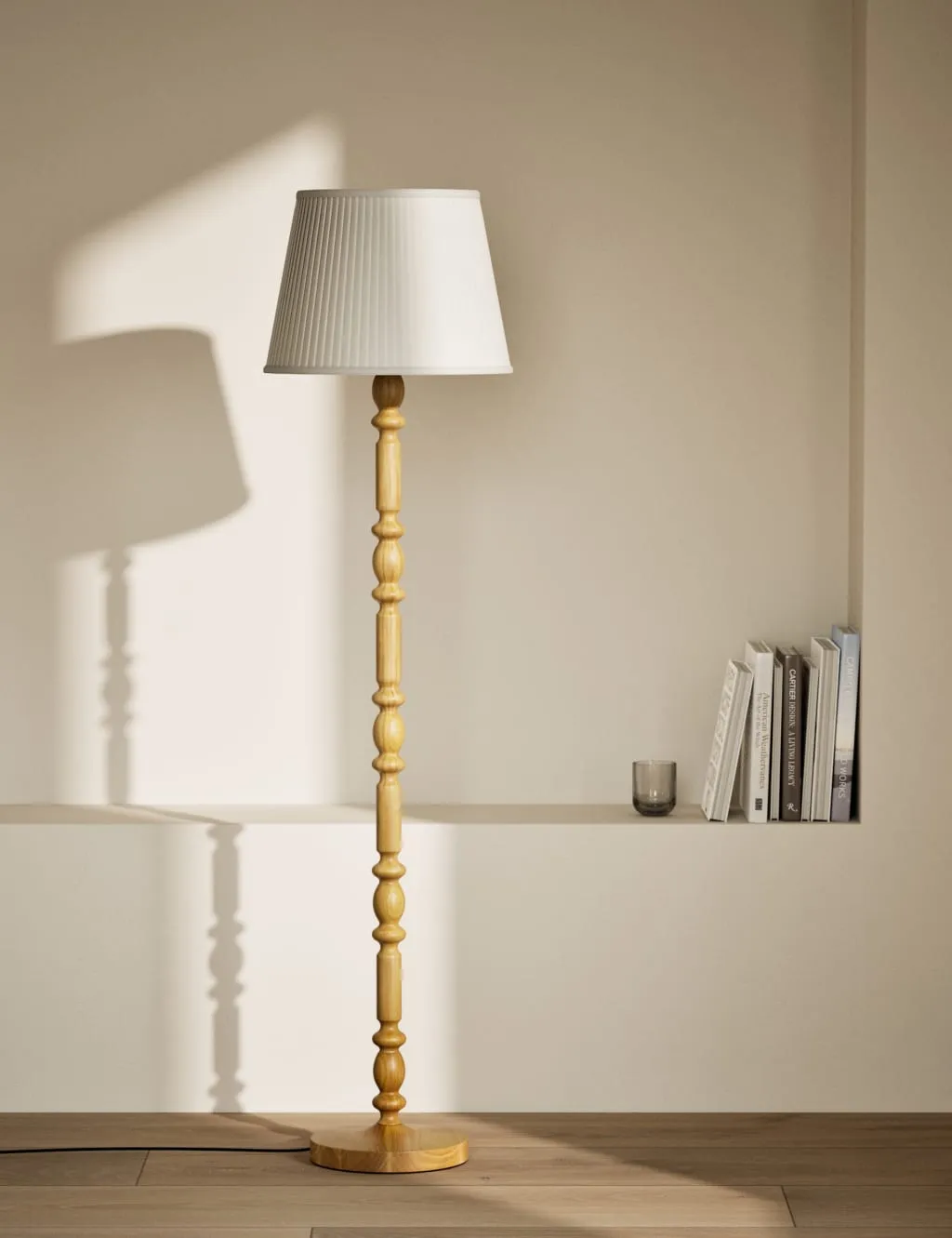 Bobbin Floor Lamp with Pleated Shade - Natural, Wood