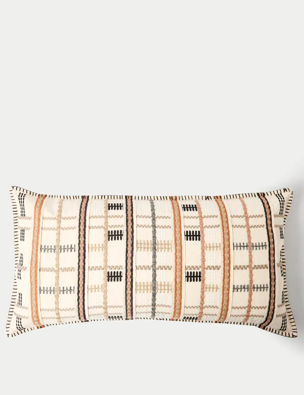 Bolster Cushion with Grid Embroidery - Neutral, Cotton