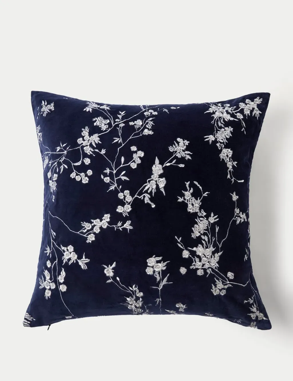 Cherry Blossom Embroidered Cushion - Navy Mix, Velvet