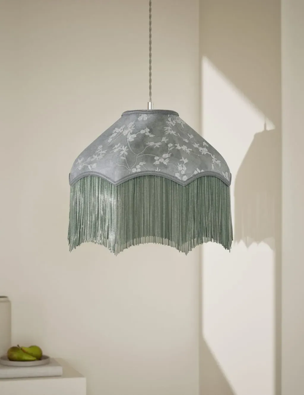 Cherry Blossom Lamp Shade with Fringe - Sage, Velvet