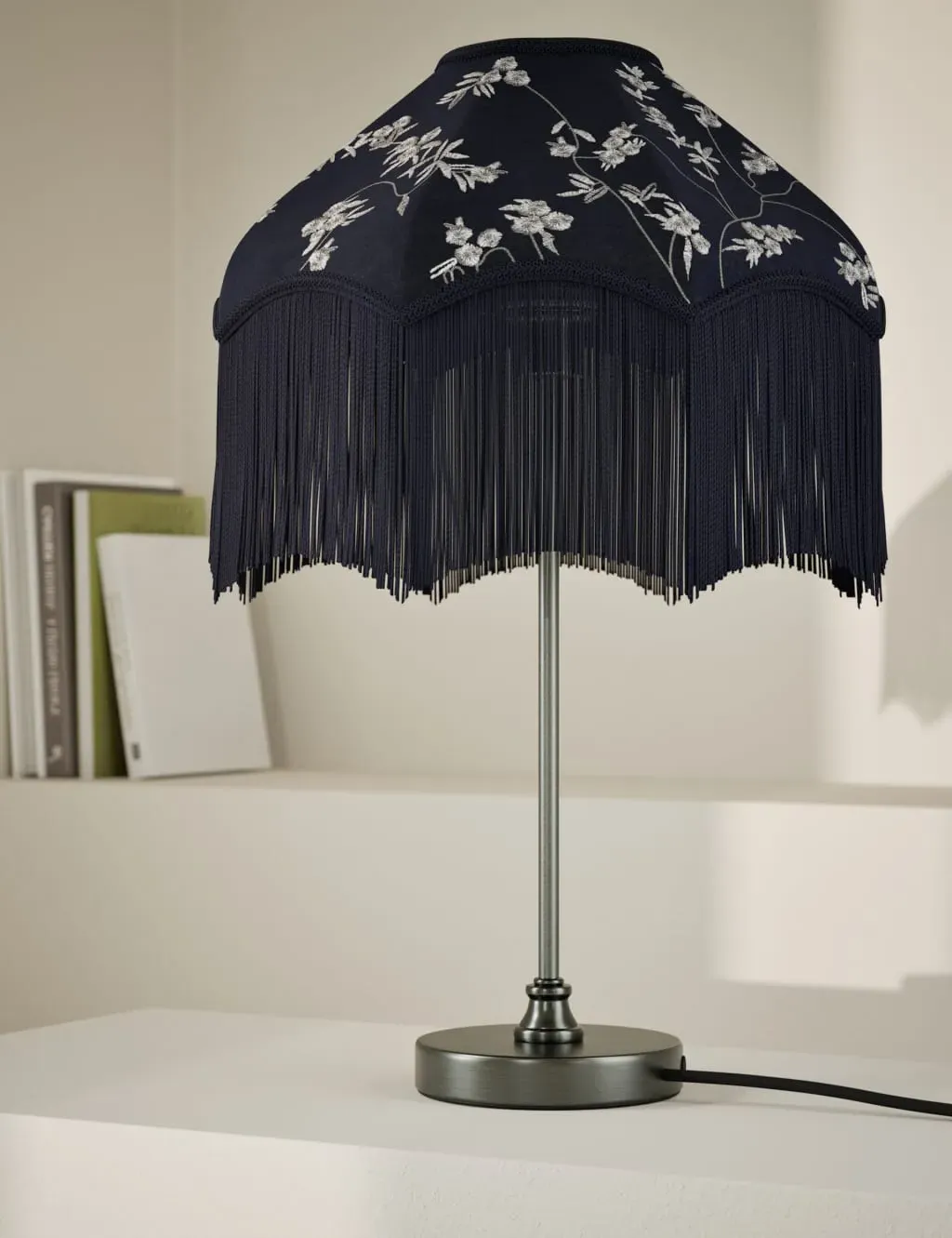 Cherry Blossom Table Lamp with Fringe - Navy, Velvet