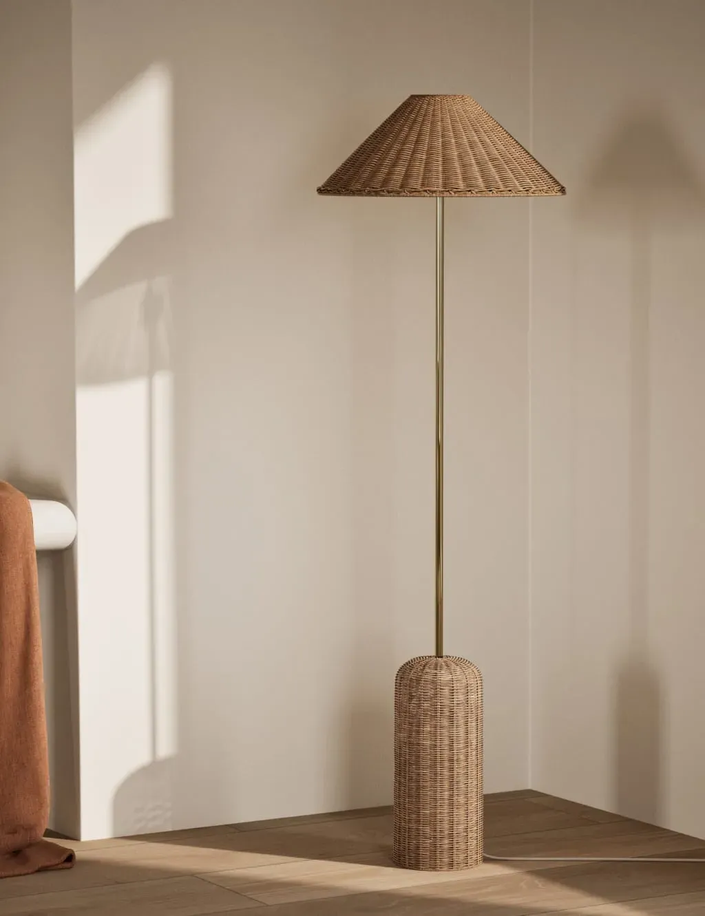 Conical Floor Lamp with Rattan Shade - Brass, Metal image
