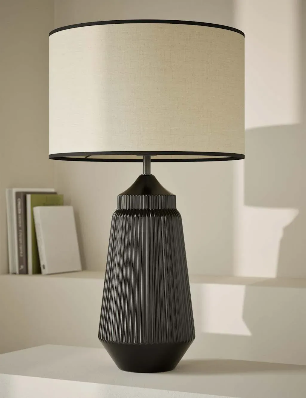 Curved Table Lamp with Linen Shade - Black, Ceramic image