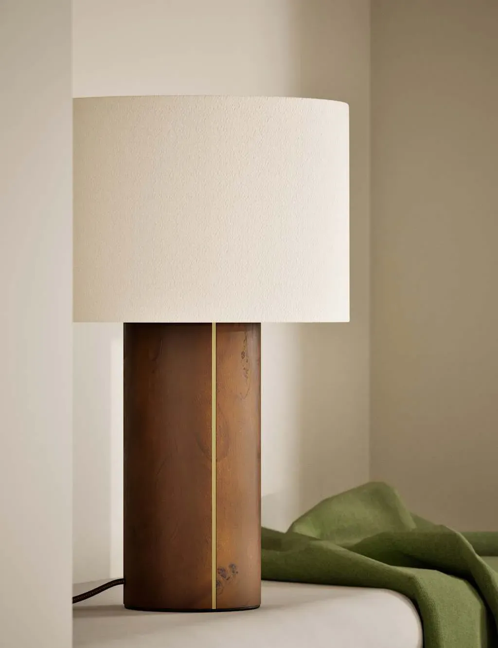 Cylindrical Table Lamp with Brass Inlay - Brown image