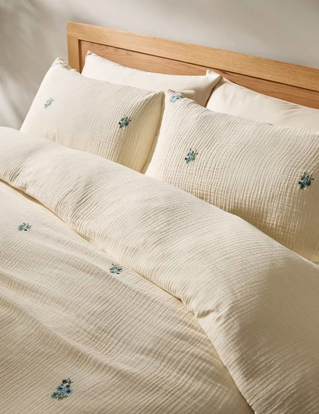 Double Bedding Set Embroidered Flower - Blue, Cotton