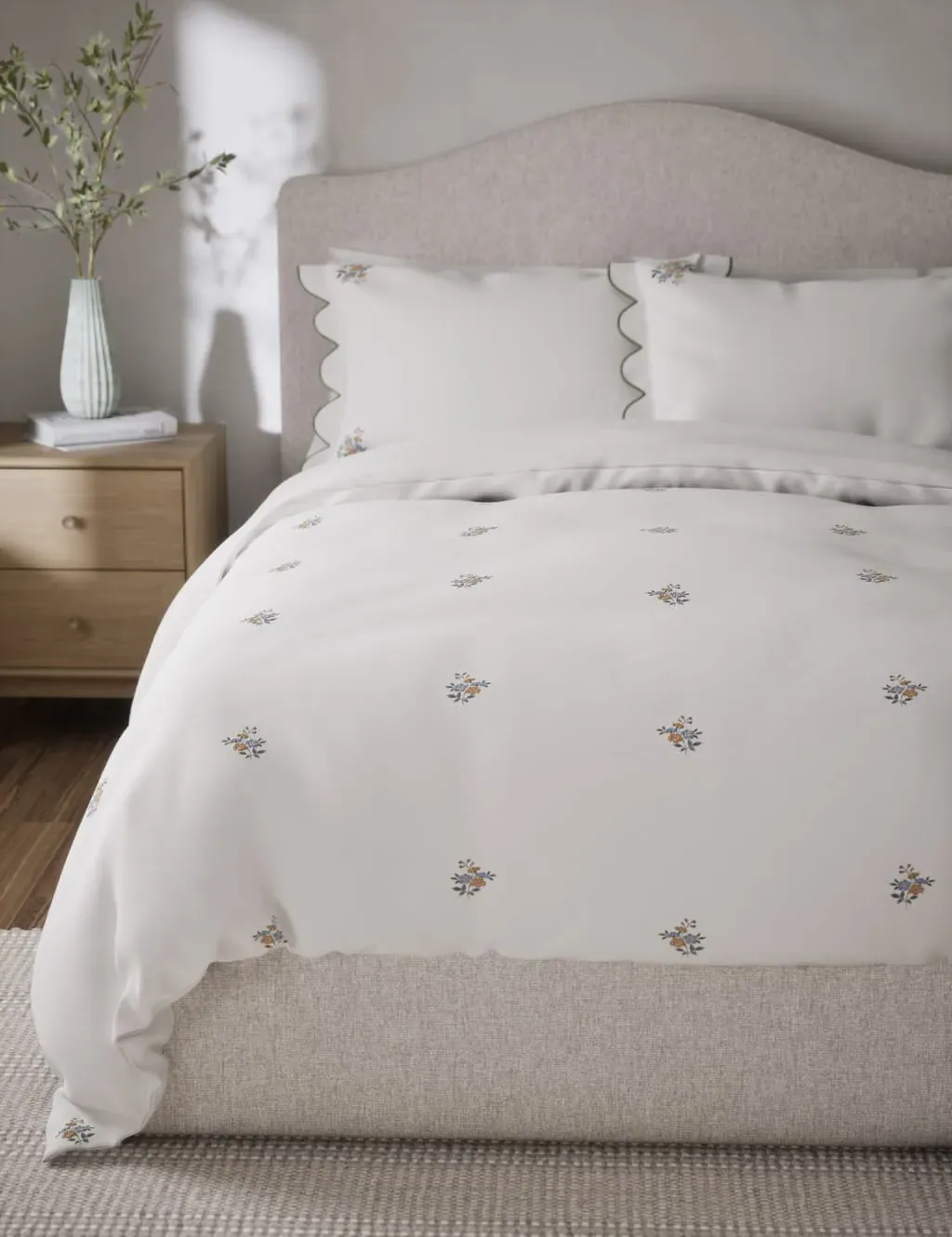 Double Bedding Set Embroidered - White, Cotton