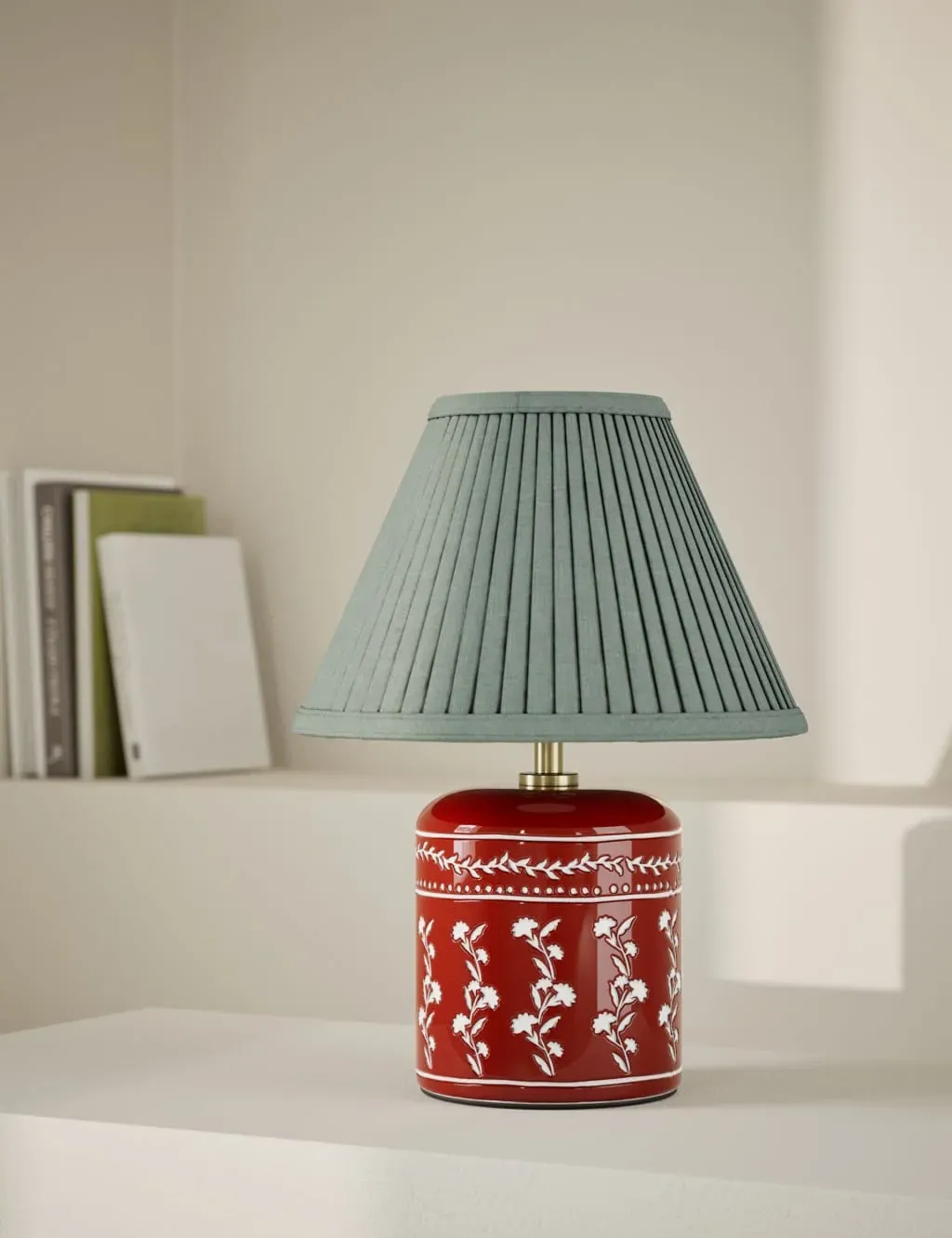 Floral Table Lamp with Pleated Shade - Red, Ceramic image