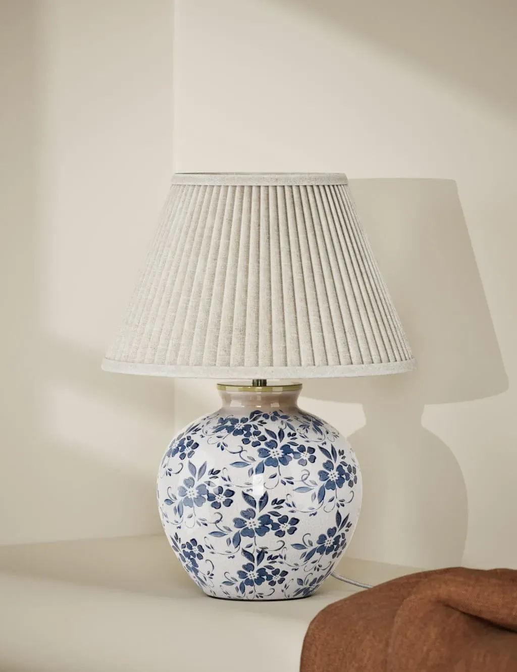 Floral Urn Table Lamp with Pleated Shade - White image