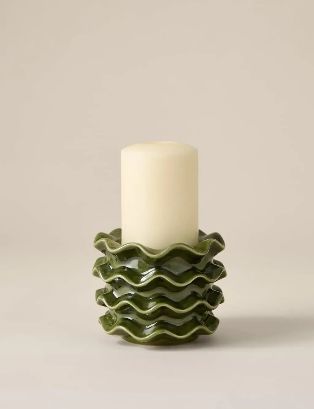 Frill Ceramic Pillar Candle Holder - Green image