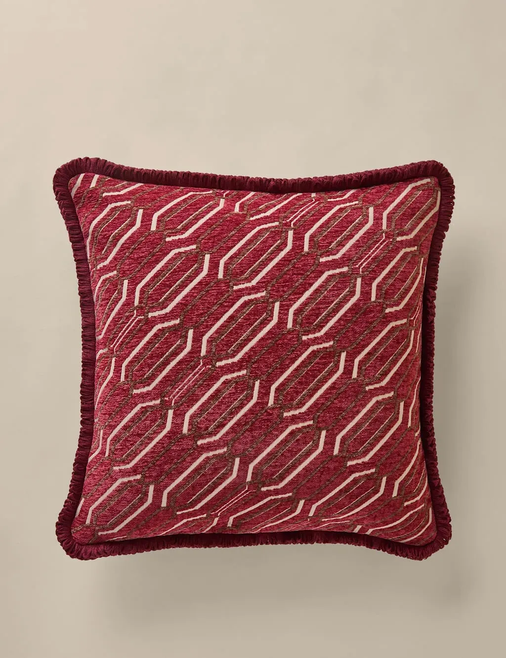 Geometric Cushion with Fringe - Red Mix, Chenille image