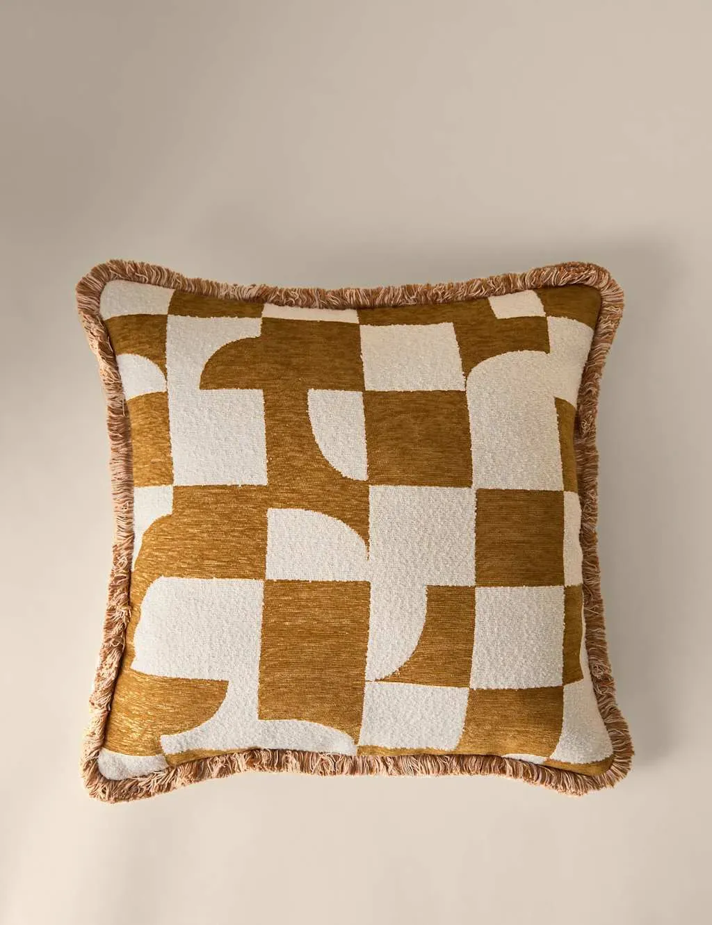 Geometric Jacquard Cushion with Fringe - Gold, Chenille