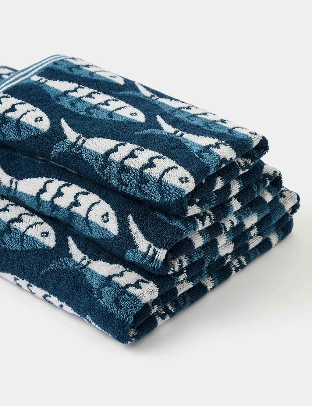 Hand Towel with Sardines Pattern - Blue, Cotton