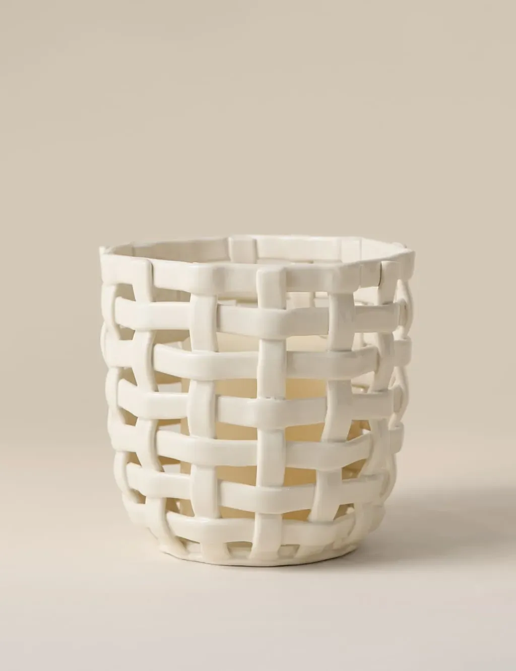 Hurricane Candle Holder Basket Weave - Cream, Ceramic