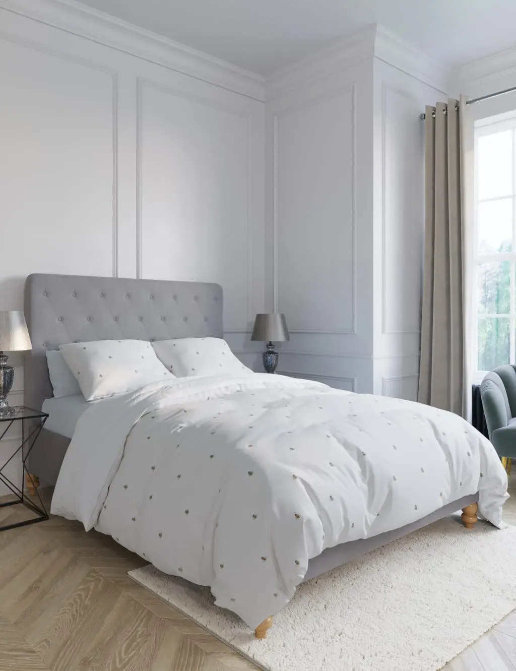 King Size Bedding Set Bee Embroidered - White, Cotton