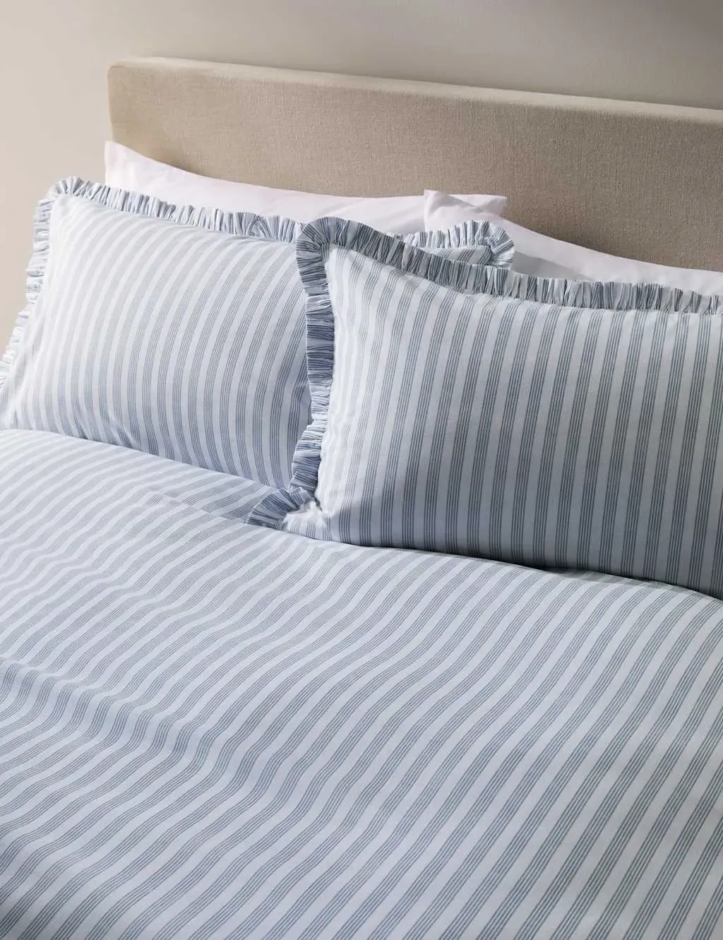 King Size Bedding Set Striped Ruffle - Blue, Cotton image