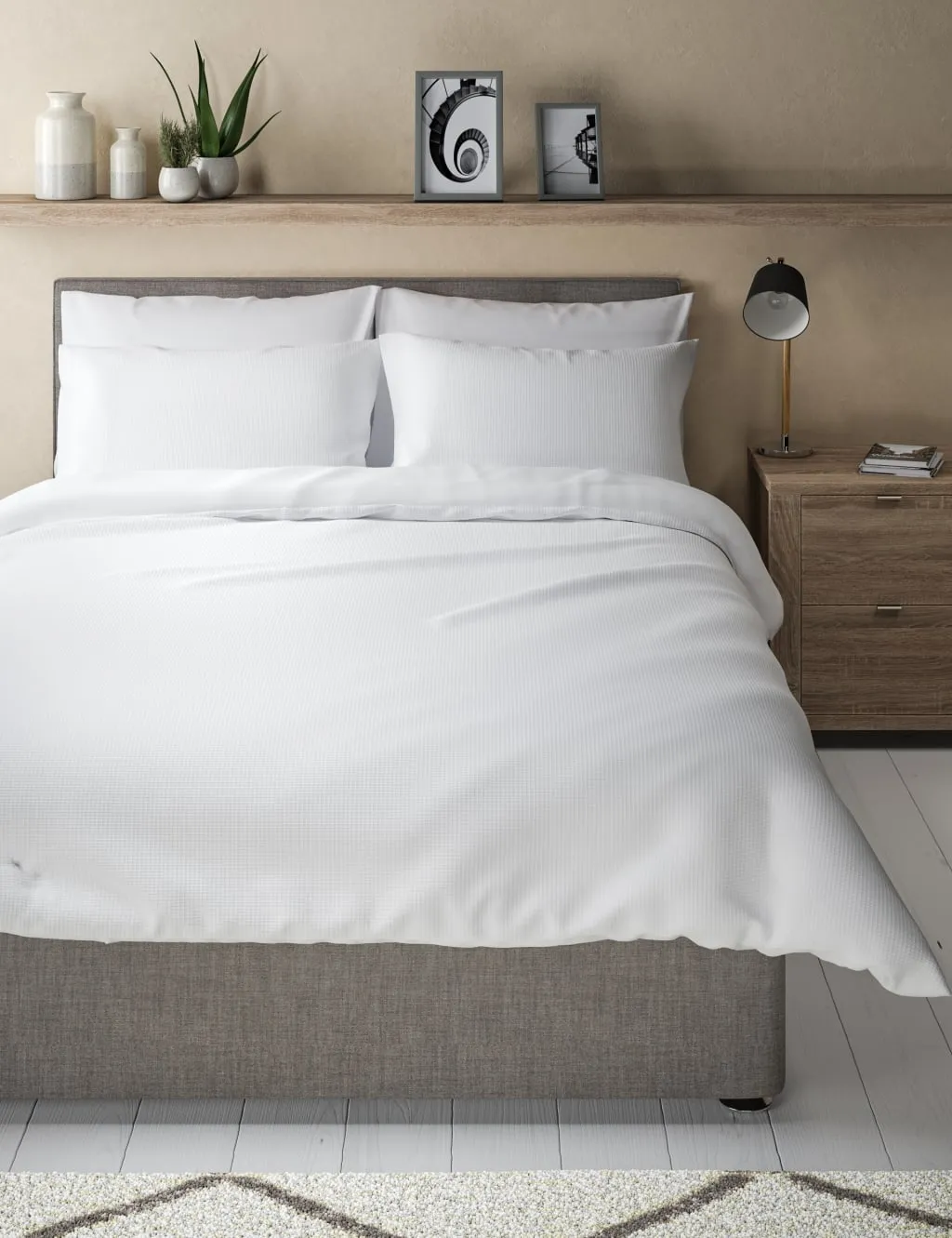 King Size Bedding Set Waffle Texture - White, Cotton
