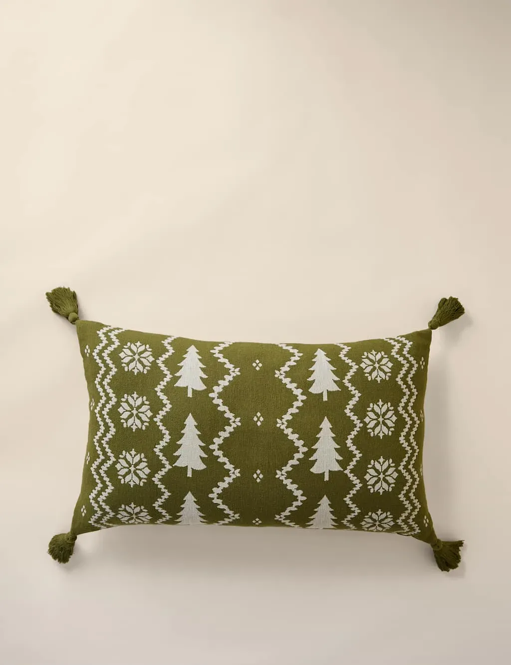 Knitted Bolster Cushion with Tassels - Green, Cotton image
