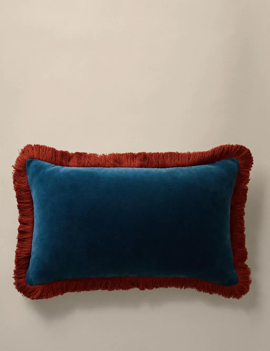 Medium Bolster Cushion with Fringe - Teal, Velvet
