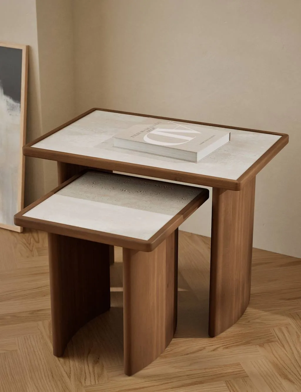 Nest of Tables with Stone Tops - Chestnut, Wood image
