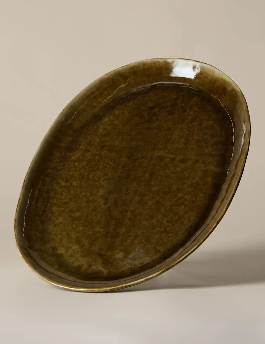 Oval Platter with Reactive Glaze - Khaki, Stoneware