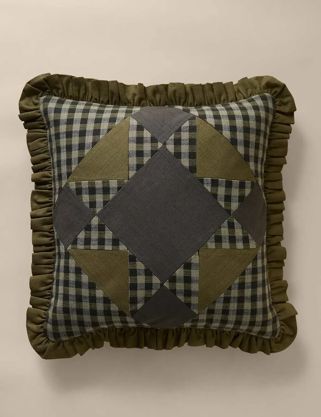 Patchwork Quilted Cushion with Frill - Green, Cotton image