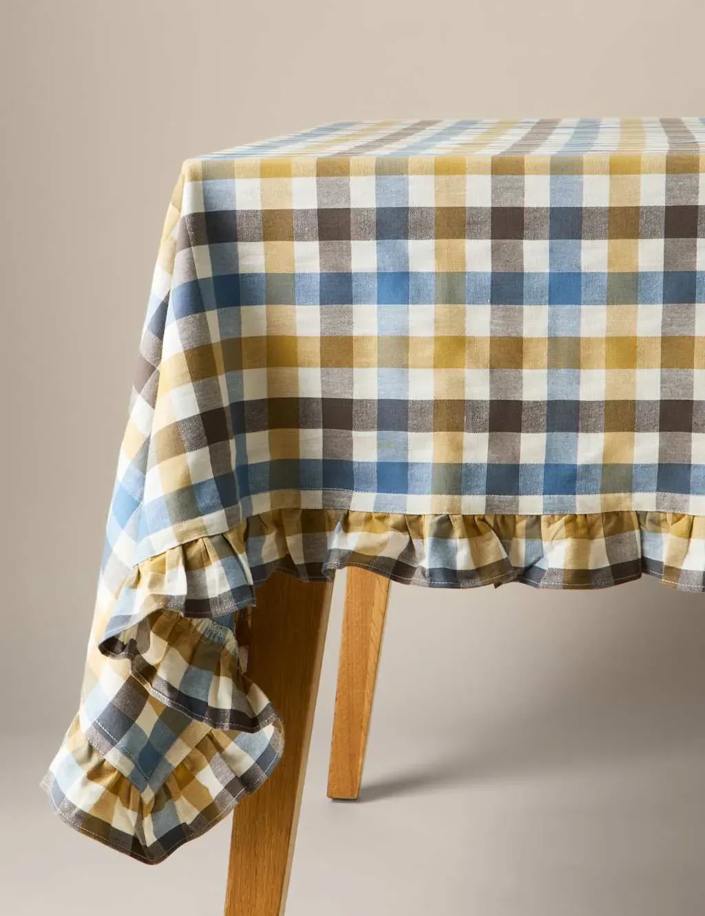 Rectangular Tablecloth Gingham Ruffle - Brown, Cotton
